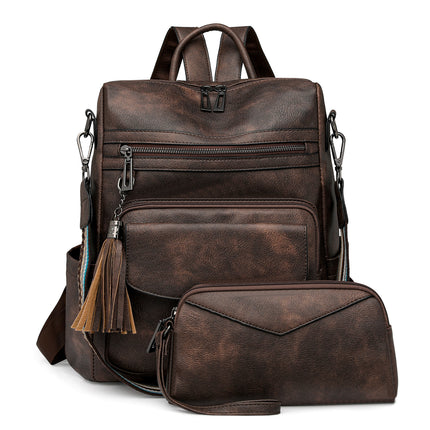 Dark-brown Women's Retro PU Leather Backpack - Dual-Color Tassel Design, Winter High-End Style.