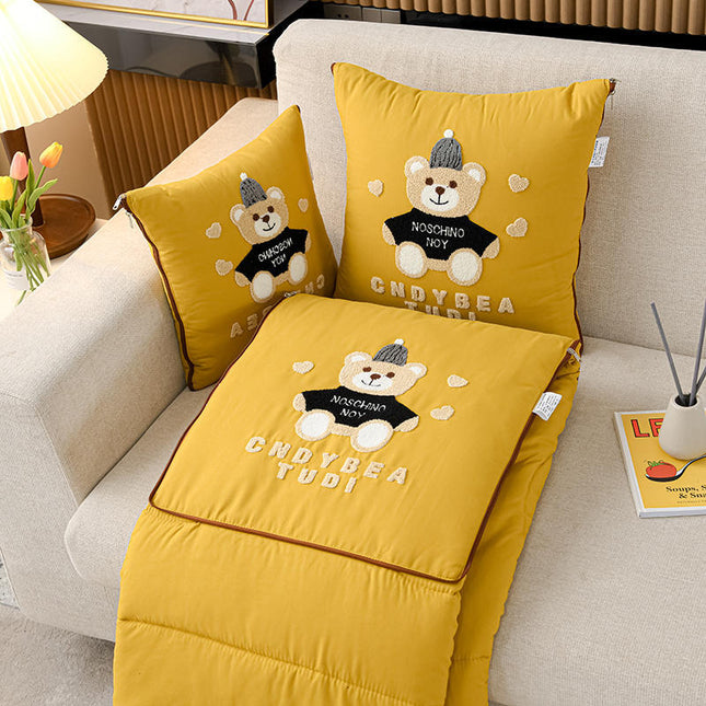 Yellow Cap Bear 2-in-1 Foldable Car Pillow Blanket - Cozy 40x40cm Pillow, Unfolds to 100x150cm Blanket for Travel and Office Naps.