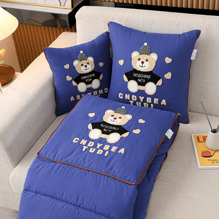 Navy Blue Cap Bear 2-in-1 Foldable Car Pillow Blanket - Cozy 40x40cm Pillow, Unfolds to 100x150cm Blanket for Travel and Office Naps.