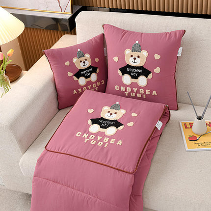 Pink Cap Bear 2-in-1 Foldable Car Pillow Blanket - Cozy 40x40cm Pillow, Unfolds to 100x150cm Blanket for Travel and Office Naps.