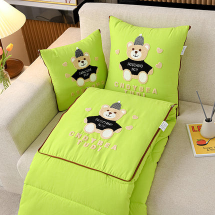 Green Cap Bear 2-in-1 Foldable Car Pillow Blanket - Cozy 40x40cm Pillow, Unfolds to 100x150cm Blanket for Travel and Office Naps.