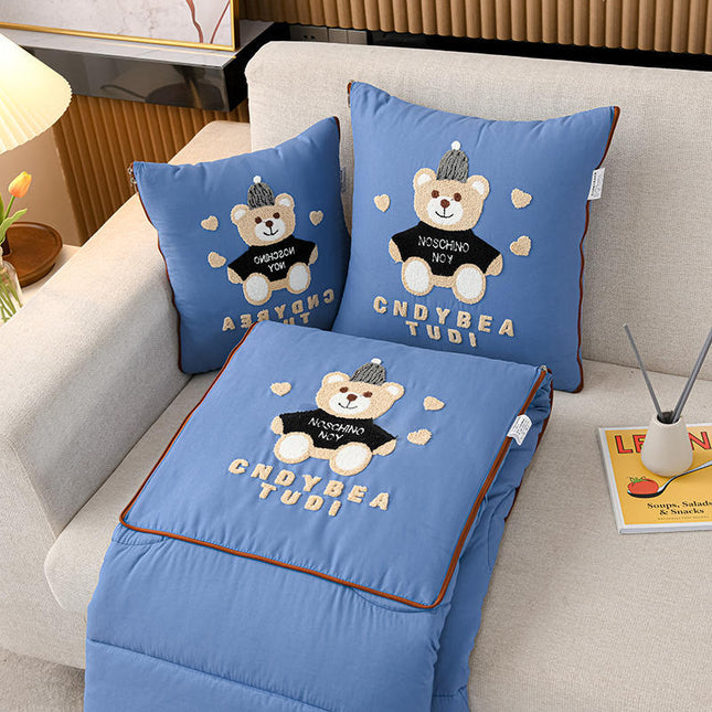 Blue Cap Bear 2-in-1 Foldable Car Pillow Blanket - Cozy 40x40cm Pillow, Unfolds to 100x150cm Blanket for Travel and Office Naps.