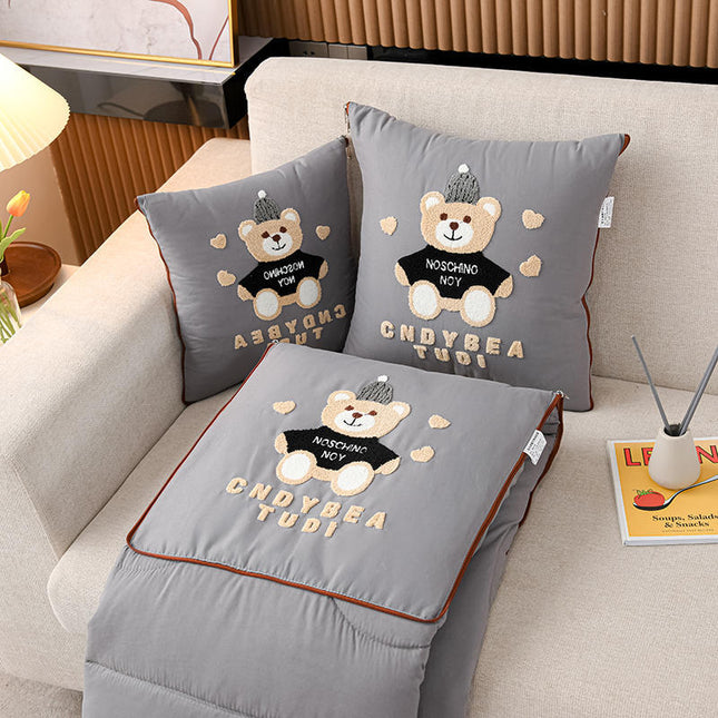 Grey Cap Bear 2-in-1 Foldable Car Pillow Blanket - Cozy 40x40cm Pillow, Unfolds to 100x150cm Blanket for Travel and Office Naps.