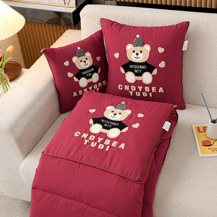 Wine Red Cap Bear 2-in-1 Foldable Car Pillow Blanket - Cozy 40x40cm Pillow, Unfolds to 100x150cm Blanket for Travel and Office Naps.