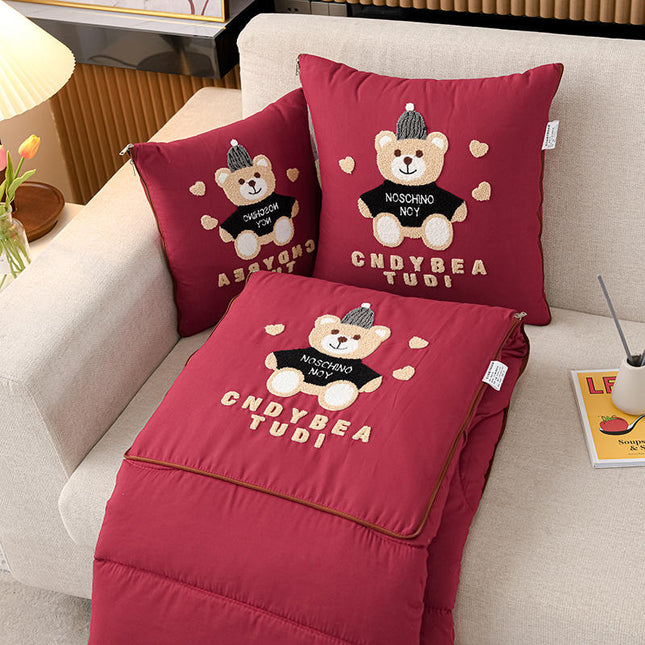 Wine Red Cap Bear 2-in-1 Foldable Car Pillow Blanket - Cozy 40x40cm Pillow, Unfolds to 100x150cm Blanket for Travel and Office Naps.