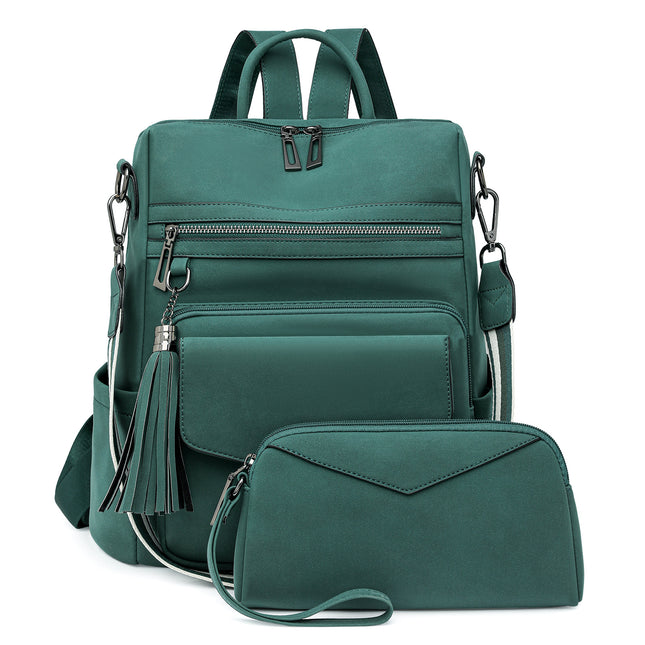 Green Women's Retro PU Leather Backpack - Dual-Color Tassel Design, Winter High-End Style.