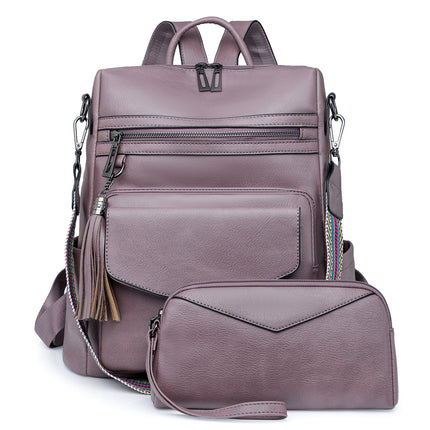 Light Purple Women's Retro PU Leather Backpack - Dual-Color Tassel Design, Winter High-End Style.