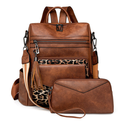 Brown with Leopard Print Women's Retro PU Leather Backpack - Dual-Color Tassel Design, Winter High-End Style.