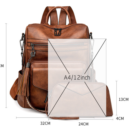 Brown with Leopard Print Women's Retro PU Leather Backpack - Dual-Color Tassel Design, Winter High-End Style.