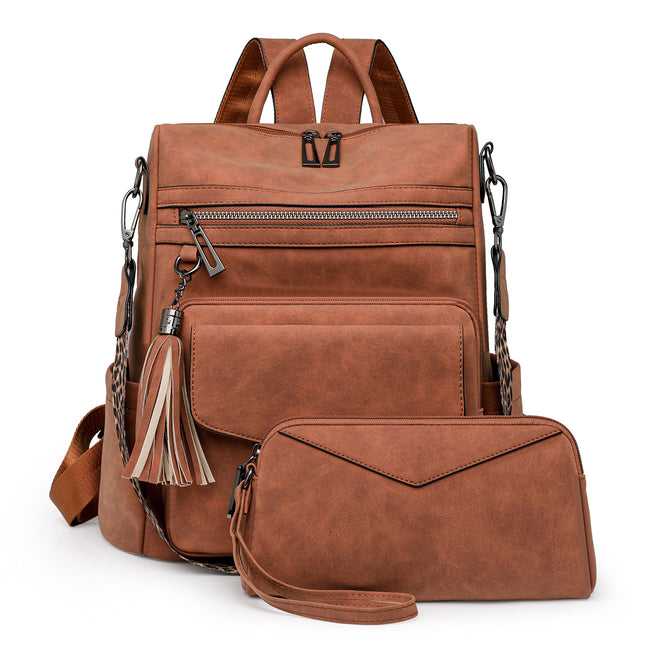 Sheepskin Brown Women's Retro PU Leather Backpack - Dual-Color Tassel Design, Winter High-End Style.