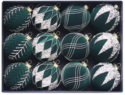 Green 12-Piece 8cm Christmas Bauble Set - Colorful Flocked Tree Ornaments.