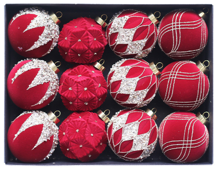 Red 12-Piece 8cm Christmas Bauble Set - Colorful Flocked Tree Ornaments.