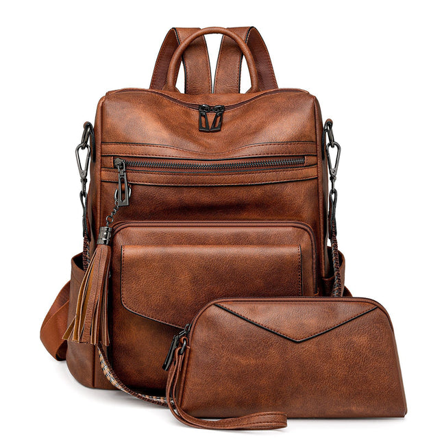 Two-color Brown Rough Women's Retro PU Leather Backpack - Dual-Color Tassel Design, Winter High-End Style.