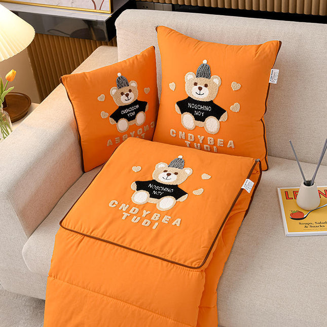 Orange Cap Bear 2-in-1 Foldable Car Pillow Blanket - Cozy 40x40cm Pillow, Unfolds to 100x150cm Blanket for Travel and Office Naps.