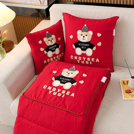 Red Cap Bear 2-in-1 Foldable Car Pillow Blanket - Cozy 40x40cm Pillow, Unfolds to 100x150cm Blanket for Travel and Office Naps.