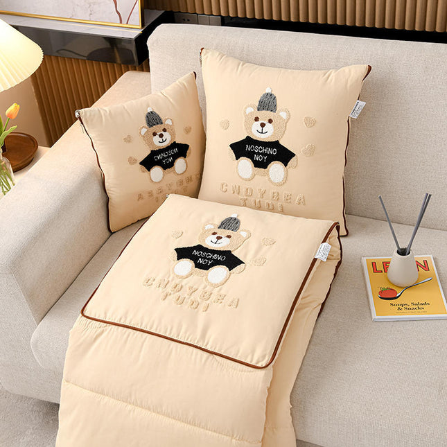 Beige Cap Bear 2-in-1 Foldable Car Pillow Blanket - Cozy 40x40cm Pillow, Unfolds to 100x150cm Blanket for Travel and Office Naps.