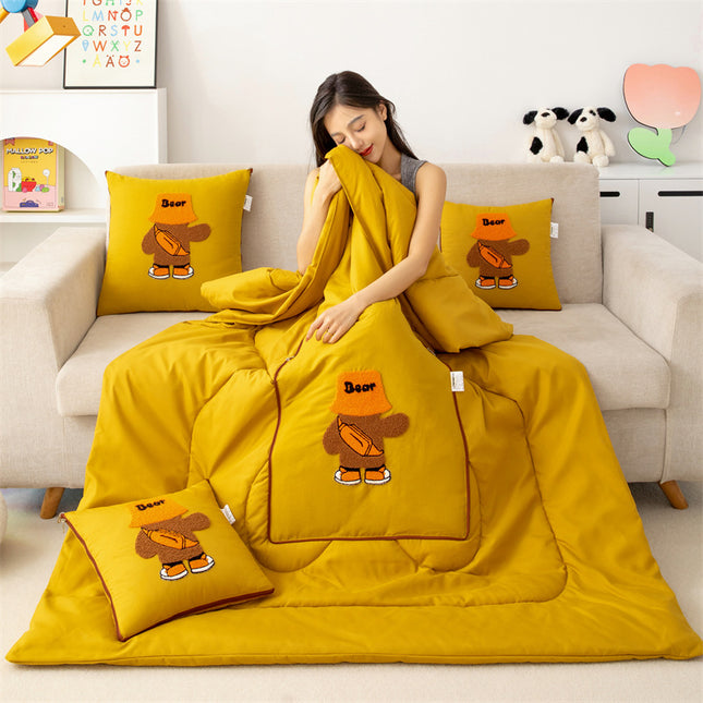 Yellow Fashion Bear 2-in-1 Foldable Car Pillow Blanket - Cozy 40x40cm Pillow, Unfolds to 100x150cm Blanket for Travel and Office Naps.