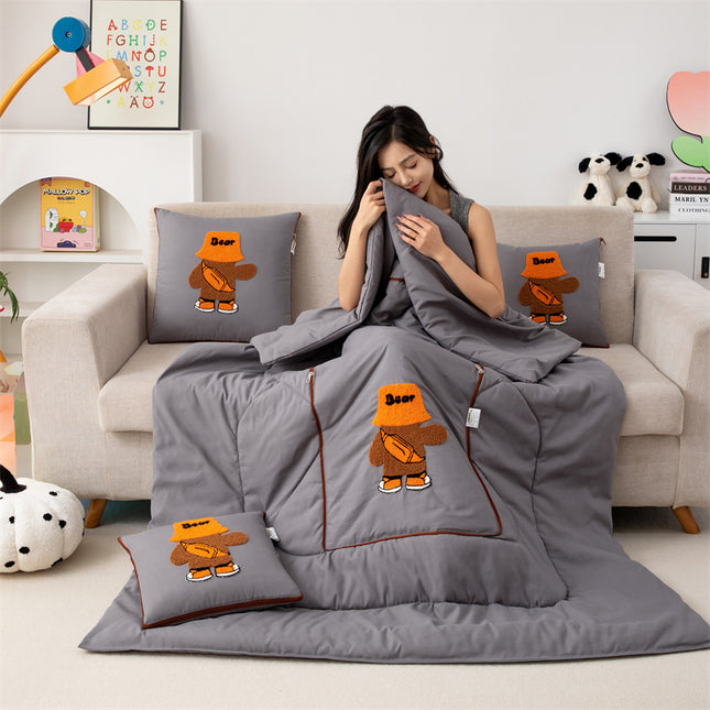 Grey Fashion Bear 2-in-1 Foldable Car Pillow Blanket - Cozy 40x40cm Pillow, Unfolds to 100x150cm Blanket for Travel and Office Naps.