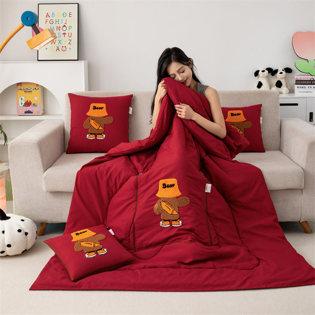 Wine Red Fashion Bear 2-in-1 Foldable Car Pillow Blanket - Cozy 40x40cm Pillow, Unfolds to 100x150cm Blanket for Travel and Office Naps.
