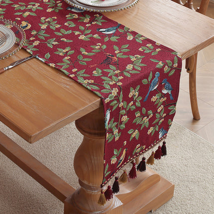 Red Magpie American Retro Jacquard Embroidered Table Runner - Light Luxury Table Mat 30cm x 180cm with Tassels.