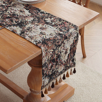 Camellia American Retro Jacquard Embroidered Table Runner - Light Luxury Table Mat 30cm x 180cm with Tassels.