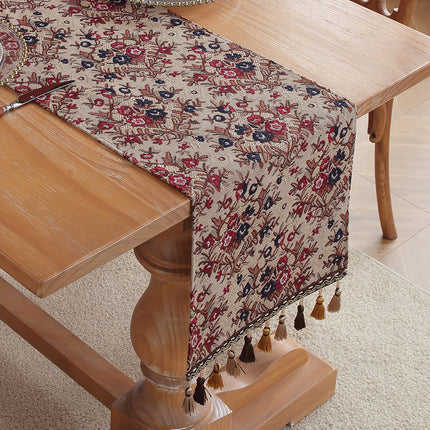 Jacquard Plum American Retro Jacquard Embroidered Table Runner - Light Luxury Table Mat 30cm x 180cm with Tassels.