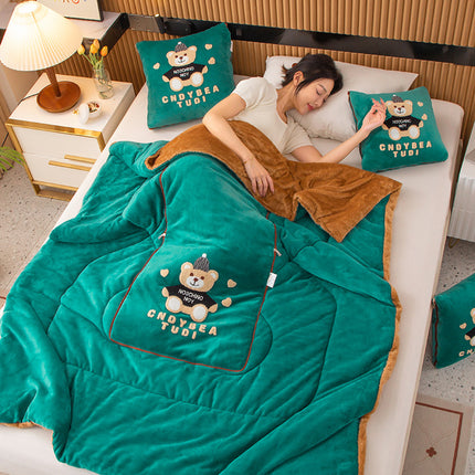 Dark Green Padded Thickened Hat Bear 2-in-1 Foldable Car Pillow Blanket - Cozy 40x40cm Pillow, Unfolds to 100x150cm Blanket for Travel and Office Naps.
