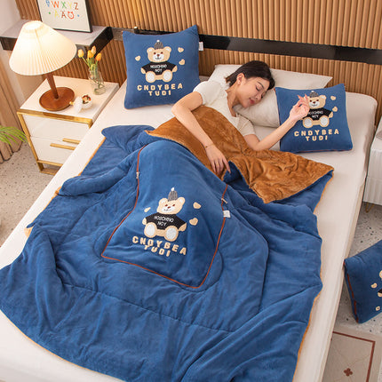 Navy Blue Padded Thickened Hat Bear 2-in-1 Foldable Car Pillow Blanket - Cozy 40x40cm Pillow, Unfolds to 100x150cm Blanket for Travel and Office Naps.