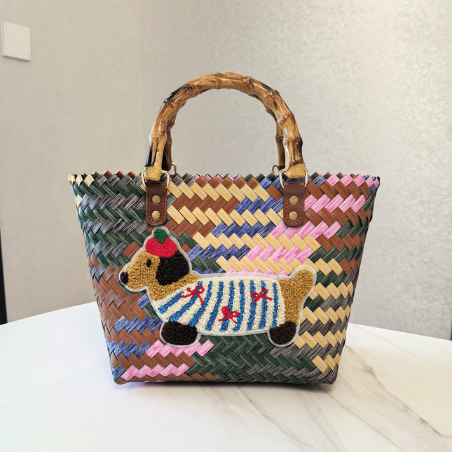 Dachshund Vintage Striped Dachshund Woven Tote Bag - Stylish Hand-Carry Beach Bag for Women.