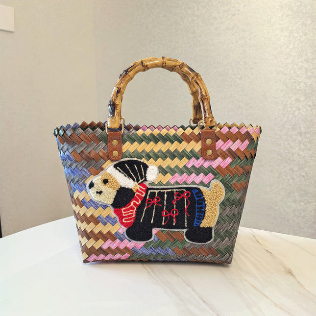 Black-coated Dog Vintage Striped Dachshund Woven Tote Bag - Stylish Hand-Carry Beach Bag for Women.