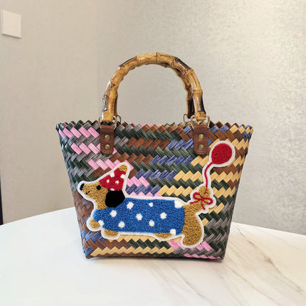 Red Balloon Dog Vintage Striped Dachshund Woven Tote Bag - Stylish Hand-Carry Beach Bag for Women.