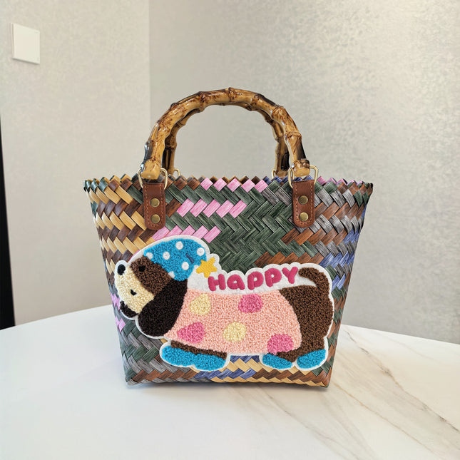 Happy Dog Vintage Striped Dachshund Woven Tote Bag - Stylish Hand-Carry Beach Bag for Women.