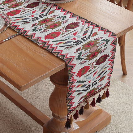 Posey's Geometry American Retro Jacquard Embroidered Table Runner - Light Luxury Table Mat 30cm x 180cm with Tassels.