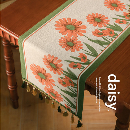 Daisy American Retro Jacquard Embroidered Table Runner - Light Luxury Table Mat 30cm x 180cm with Tassels.