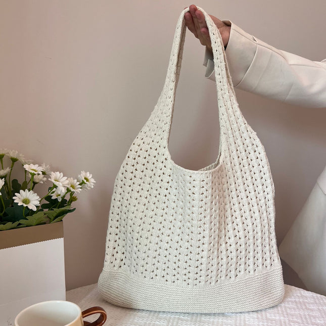 White Handwoven Knitted Tote Bag - Vintage Style Shoulder Bag.
