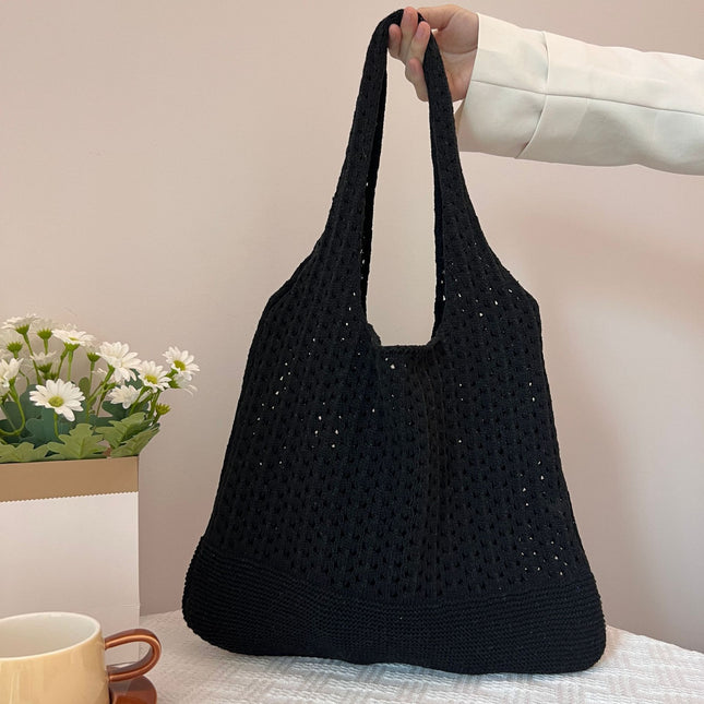 Black Handwoven Knitted Tote Bag - Vintage Style Shoulder Bag.