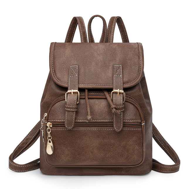 Coffee Stylish PU Leather Backpack for Women - Compact Travel Companion.