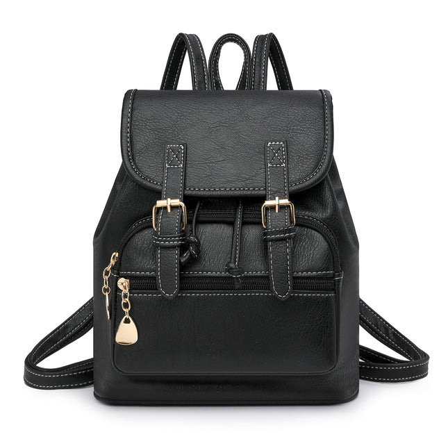 Black Stylish PU Leather Backpack for Women - Compact Travel Companion.