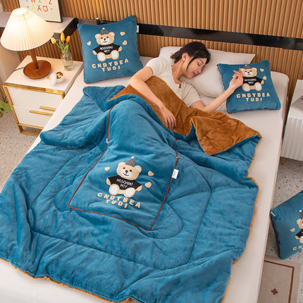 Lake Blue Padded Thickened Hat Bear 2-in-1 Foldable Car Pillow Blanket - Cozy 40x40cm Pillow, Unfolds to 100x150cm Blanket for Travel and Office Naps.