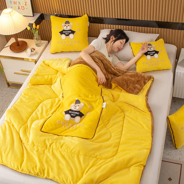 Yellow Padded Thickened Hat Bear 2-in-1 Foldable Car Pillow Blanket - Cozy 40x40cm Pillow, Unfolds to 100x150cm Blanket for Travel and Office Naps.