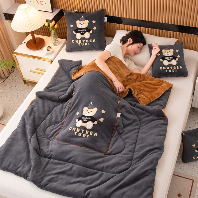Grey Padded Thickened Hat Bear 2-in-1 Foldable Car Pillow Blanket - Cozy 40x40cm Pillow, Unfolds to 100x150cm Blanket for Travel and Office Naps.