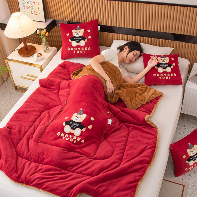 Wine Red Padded Thickened Hat Bear 2-in-1 Foldable Car Pillow Blanket - Cozy 40x40cm Pillow, Unfolds to 100x150cm Blanket for Travel and Office Naps.