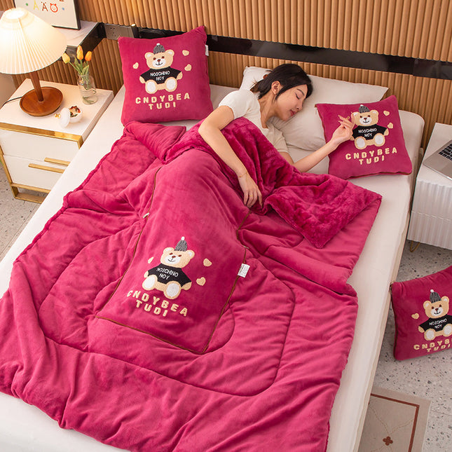 Rose Red Padded Thickened Hat Bear 2-in-1 Foldable Car Pillow Blanket - Cozy 40x40cm Pillow, Unfolds to 100x150cm Blanket for Travel and Office Naps.