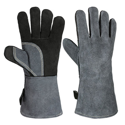 Black-grey 14-Inch Premium Leather BBQ Gloves - Heat-Resistant Up to 500 Degree.