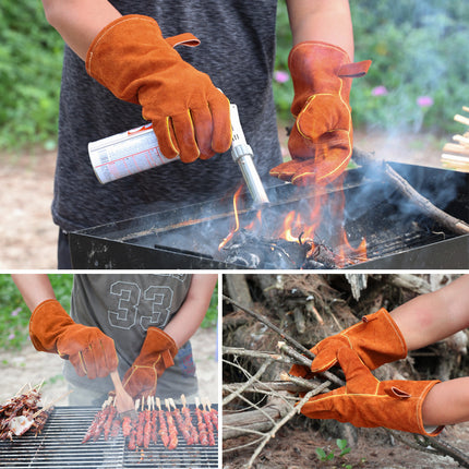 Black-grey 14-Inch Premium Leather BBQ Gloves - Heat-Resistant Up to 500 Degree.