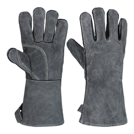Grey 14-Inch Premium Leather BBQ Gloves - Heat-Resistant Up to 500 Degree.
