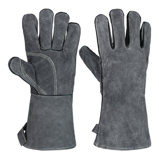Grey 14-Inch Premium Leather BBQ Gloves - Heat-Resistant Up to 500 Degree.