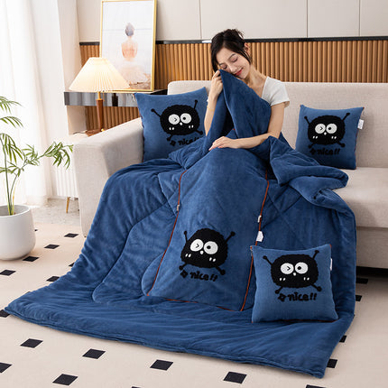 Jewel Blue Padded and Thickened Elf 2-in-1 Foldable Car Pillow Blanket - Cozy 40x40cm Pillow, Unfolds to 100x150cm Blanket for Travel and Office Naps.