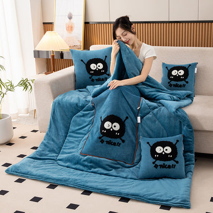 Lake Blue Padded and Thickened Elf 2-in-1 Foldable Car Pillow Blanket - Cozy 40x40cm Pillow, Unfolds to 100x150cm Blanket for Travel and Office Naps.