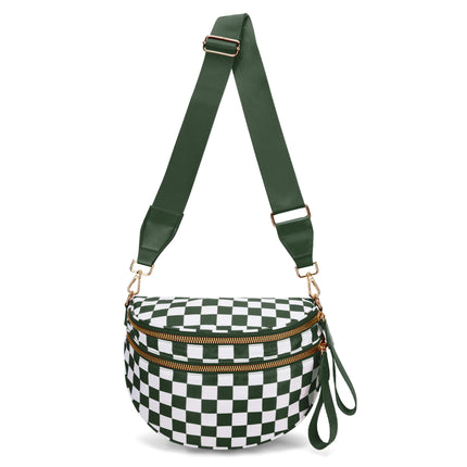 Black and White Checkered Trendy Sling Bag - Women's Crescent Crossbody Purse with Wide Adjustable Strap.